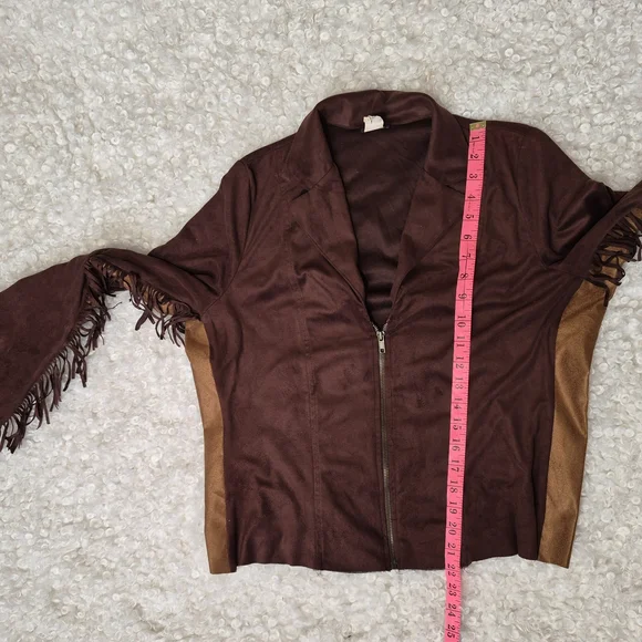 Vintage Vixen Brown Faux Suede Fringe Western Zip Jacket L Cowgirl Boho Fedtival - Picture 7 of 10